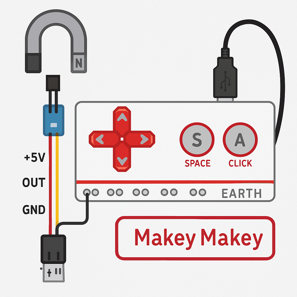 Reference diagram generated with ChatGPT outlining Makey Makey–Hall Effect wiring and signal flow